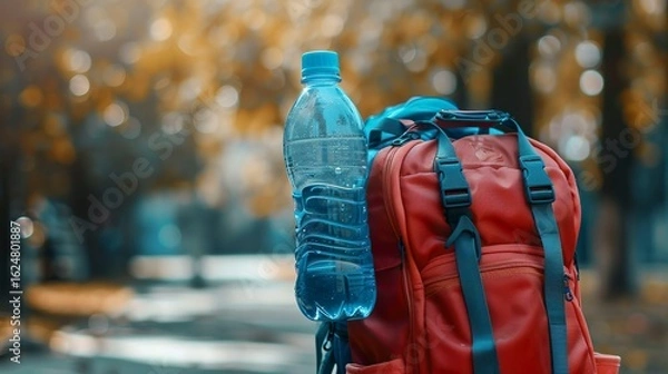 Fototapeta A photo of a school bag with a sports water bottle