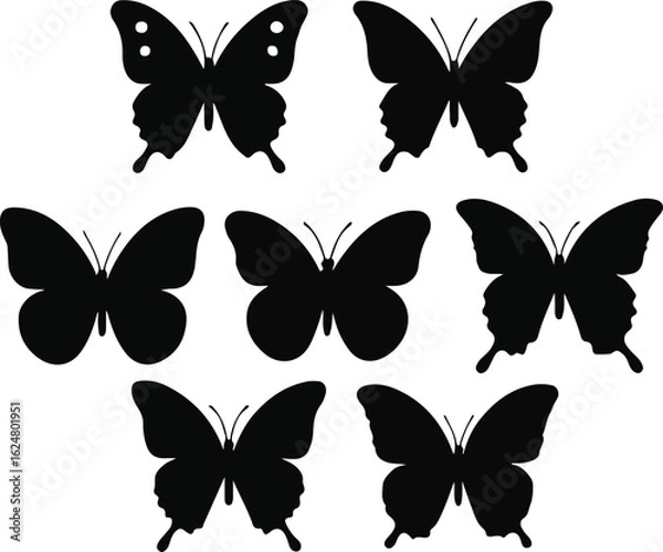 Obraz Butterfly and Children Silhouettes Vector Set – Black Silhouettes of Butterflies and Boys and Girls in Various Poses Like Walking, Reading, Exploring, and Traveling – Perfect for Nature Themes, Kids E