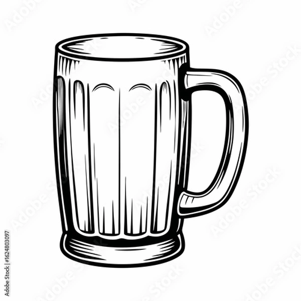 Fototapeta Tall beer mug with vertical grooves and wide handle illustrated in bold monochrome sketch style, representing casual drinking and pub traditions
