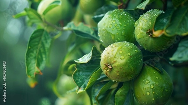Fototapeta A photo of a guava tree with green guavas.
