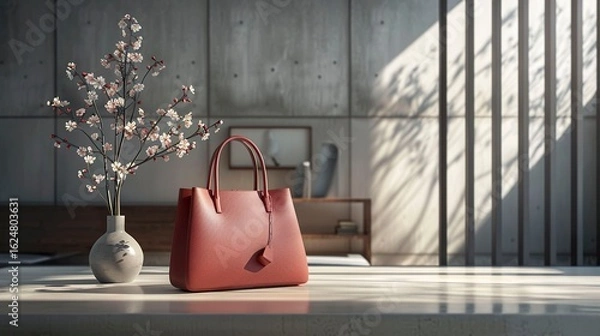 Fototapeta A photo of a handbag on a modern minimalist table