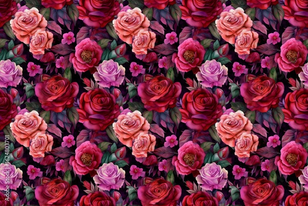 Obraz Roses in pink and burgundy watercolor seamless pattern design