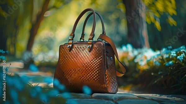 Fototapeta A photo of a handbag with a nature backdrop.