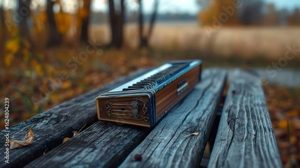 Fototapeta A photo of a harmonica on a wood surface