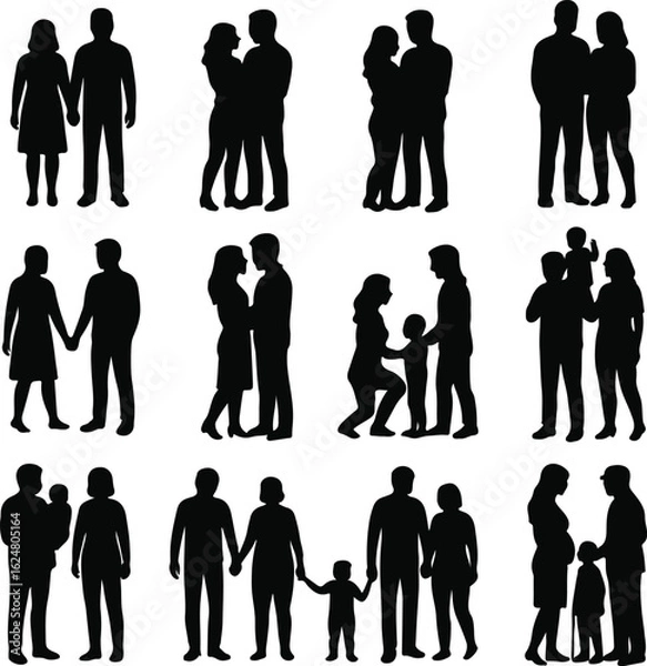 Obraz Family and Couple Silhouettes Vector Set – Black Silhouette Icons of Parents, Children, Couples Holding Hands, Hugging, and Talking – Includes Pregnant Woman, Father with Child, Mother with Son, and F