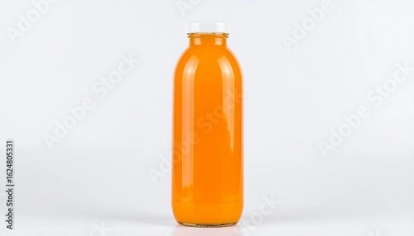 Obraz Plastic bottle filled with orange liquid, topped by white cap, placed on plain white background.