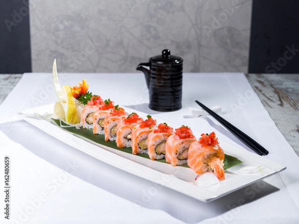 Obraz Plate of Tiger roll sushi style with soy sauce