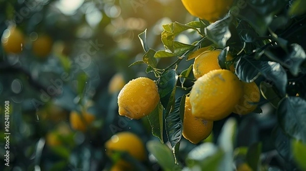 Fototapeta A photo of a lemon tree with bright yellow lemon