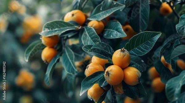 Fototapeta A photo of a loquat tree with orange loquats.