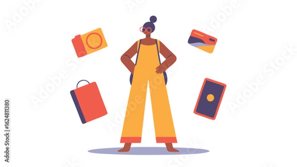 Fototapeta Woman in yellow jumpsuit surrounded by camera shopping bag credit card and smartphone items floating
