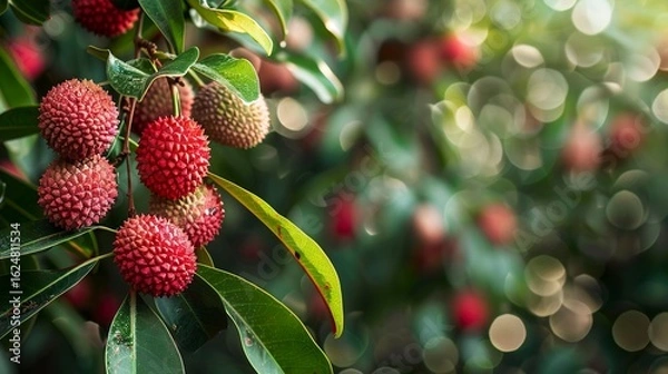 Fototapeta A photo of a lychee tree with red lychees.