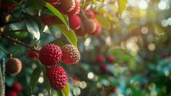Fototapeta A photo of a lychee tree with red lychees.