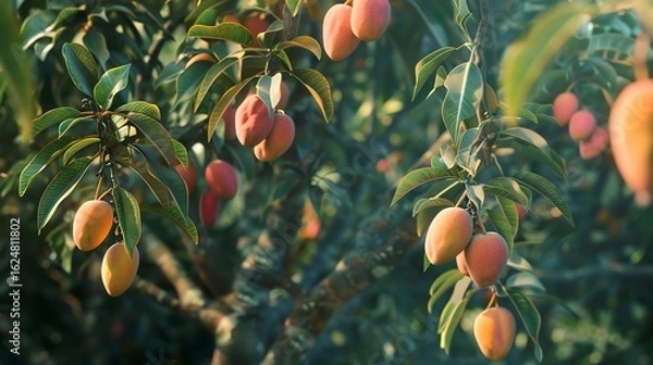 Fototapeta A photo of a mango tree with hanging mangoes.