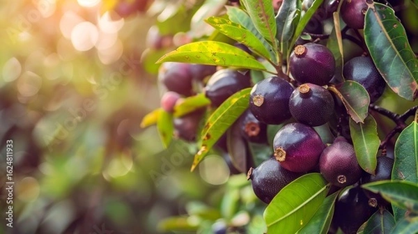 Fototapeta A photo of a mango steen tree with purple mango