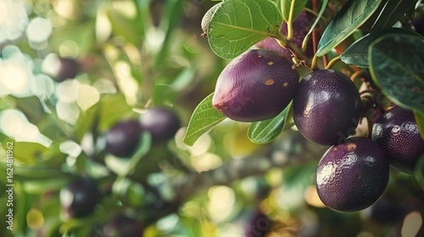 Fototapeta A photo of a mango steen tree with purple mango