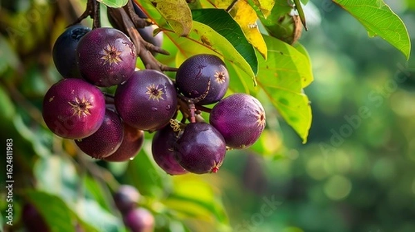 Fototapeta A photo of a mango steen tree with purple mango