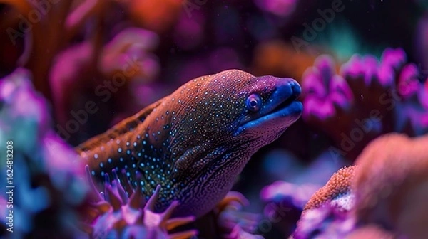 Fototapeta A photo of a moray eel in coral