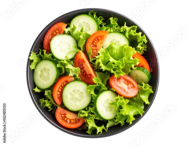 Obraz A fresh green salad bowl with tomatoes and cucumbers, top view, white and transparent background.