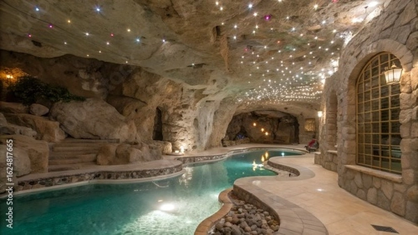 Fototapeta Indoor pool inside a cave with decorative lights and stone walls creating a unique ambiance