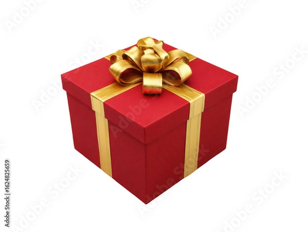 Fototapeta Exquisite red textured gift box adorned with luxurious golden ribbon and bow, presented elegantly on transparent background