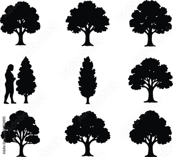 Obraz Tree and Family Silhouettes Vector Set – Black Silhouette Illustrations of Trees, Couples, Parents with Children, and Elderly Figures – Nature and Family Life Theme with Trees in Various Shapes, Mothe