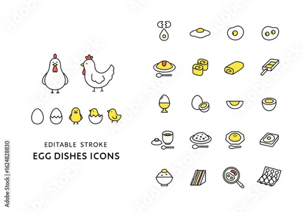 Obraz にわとりとヒヨコと卵料理のアイコンセット