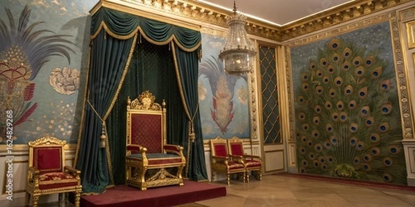 Fototapeta Ornate throne room with peacock mural and luxurious furnishings in a palace setting interior view