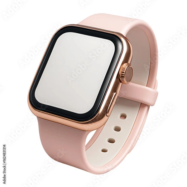 Fototapeta Stylized 3d Rendered icon of Rose gold Apple Watch with a pale pink band, isolated on white.