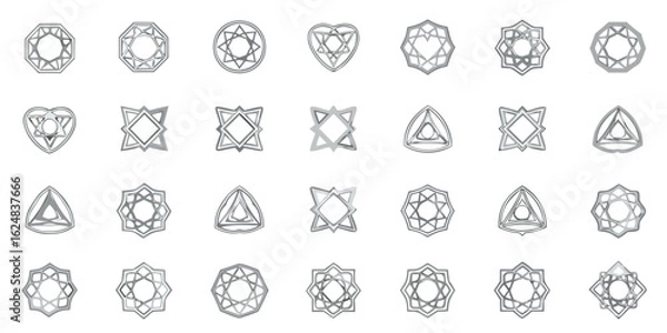 Fototapeta Collection of abstract geometric shapes with intricate designs in a grid arrangement set on white