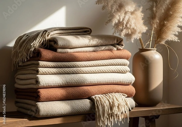 Fototapeta Stack of folded blankets in neutral tones sits on a wooden shelf next to a vase with dried pampas grass.
