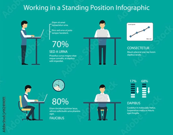 Obraz Working in standing position vector illustration. Benefits of a standing desk
