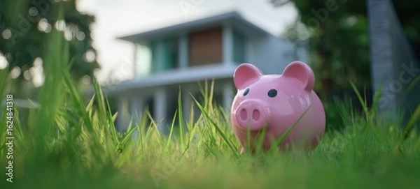 Fototapeta The pink piggy bank on the grass near a modern house.