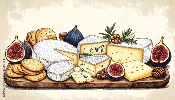 Fototapeta Gourmet cheese board with figs, crackers, and nuts