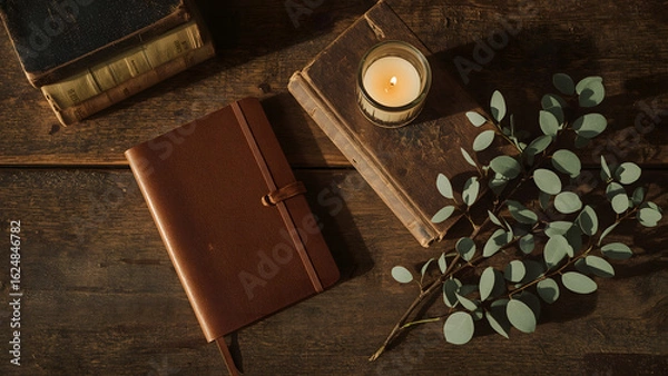 Fototapeta Leather journal with candle and eucalyptus branch on rustic wooden table