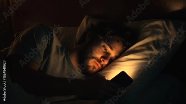 Fototapeta A young man lies in bed at night, illuminated by his smartphone screen, appearing focused or contemplative in a dimly lit room.