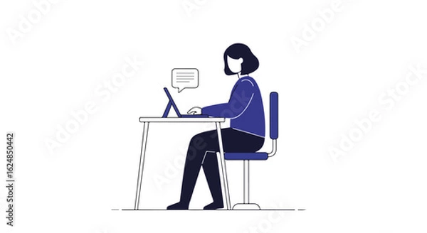 Fototapeta Woman works on a laptop with chat bubble, in a minimal white background