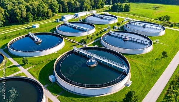 Fototapeta Aerial view of a modern water treatment plant with circular clarifiers and surrounding green landscape