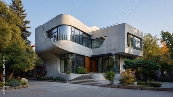 Fototapeta A modern house with a unique curved facade made of polished concrete and glass