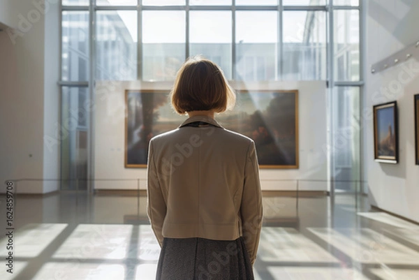 Fototapeta An elderly woman looks at paintings in a fine arts museum. Exhibition, hobby, entertainment, culture