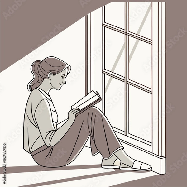 Obraz A woman seated near window holding an open book