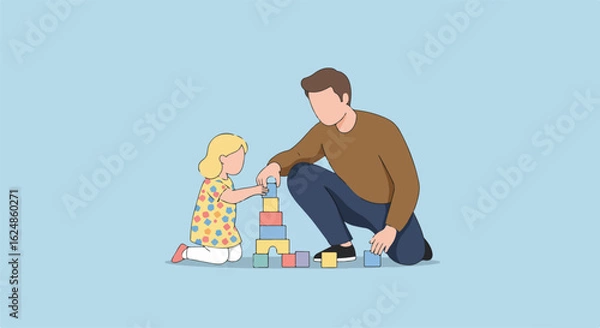 Fototapeta Dad and daughter stacking blocks at home on a solid background. Use family blog