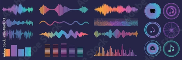 Fototapeta Colorful audio wave forms and music note icons on dark background sound waveform