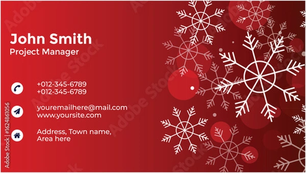 Fototapeta Business card with name and contact details on a red background with snowflakes
