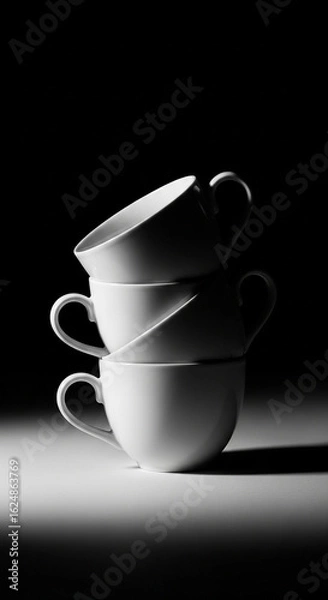 Obraz Stack of white ceramic teacups with dramatic lighting on a dark background