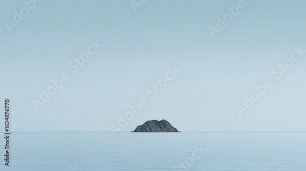 Obraz A small rocky island sits peacefully in a vast, calm sea under a clear, pale blue sky.