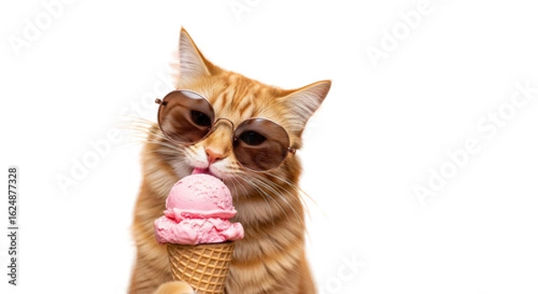 Obraz An image of cool cat enjoying pink ice cream 1.. The scene includes treat, domestic, enjoyment, ice cream, summer, playful,