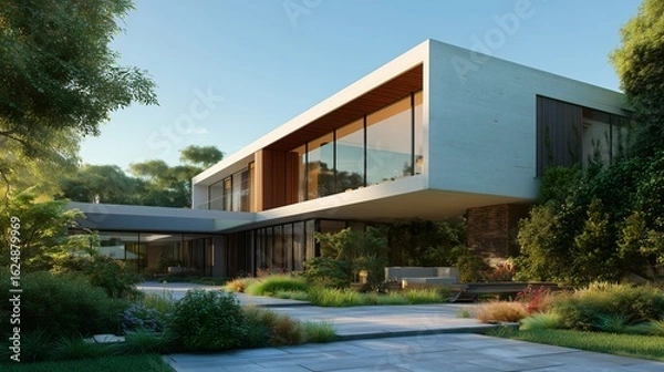 Fototapeta minimalist modern house with large floor-to-ceiling windows, surrounded by a lush, manicured garden