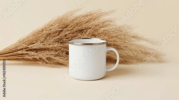 Fototapeta Enamel mug mockup with a pampas on a beige table