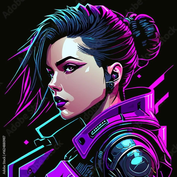 Fototapeta Vibrant cyberpunk portrait of a person in glowing neon suit and metallic visor, with braided cables and holographic details against a dark, futuristic cityscape background.