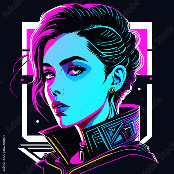 Fototapeta Vibrant neon-infused cyberpunk portrait of a person with braided hair, metallic visor, and holographic accents framed by bold geometric patterns and glowing futuristic colors.